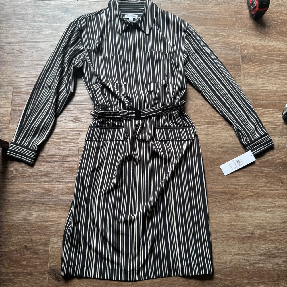 Calvin Klein Black and White Long Sleeve Shirt Dress
